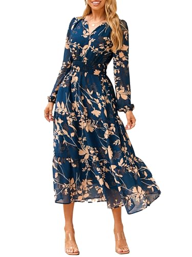 Simplee Women's Floral Boho Long Sleeve Maxi Dress V Neck Empire Waist Swing Flowy Wedding Guest Dress Navy Floral XS