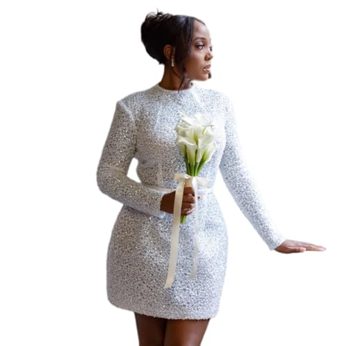 YiMinpwp Beaded Mini Courthouse Wedding Dresses for Bride Africa ASO EBI Pearl Sequin Bridal Dress 2026 Short Civil Long Sleeve Lace Bridal Gown White Size 6