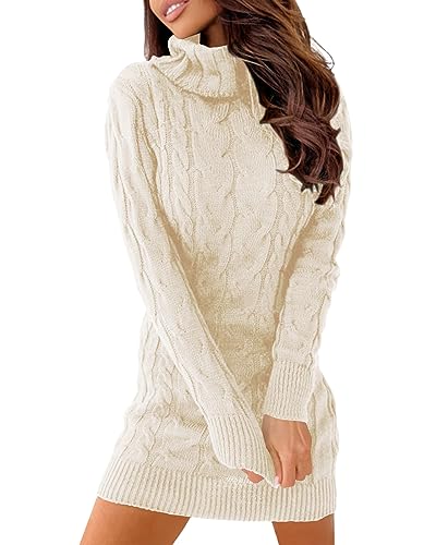 Langwyqu Womens Cable Knit Sweater Dress Sexy Long Sleeve Bodycon Turtleneck Mini Fall Sweaters Dresses Beige