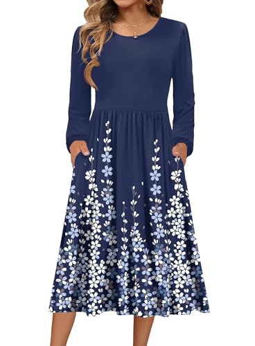 Zeagoo Navy Blue Midi Fall Dresses for Women 2026 Long Sleeve Casual Dress Bohemian Floral Print Sundress with Pockets