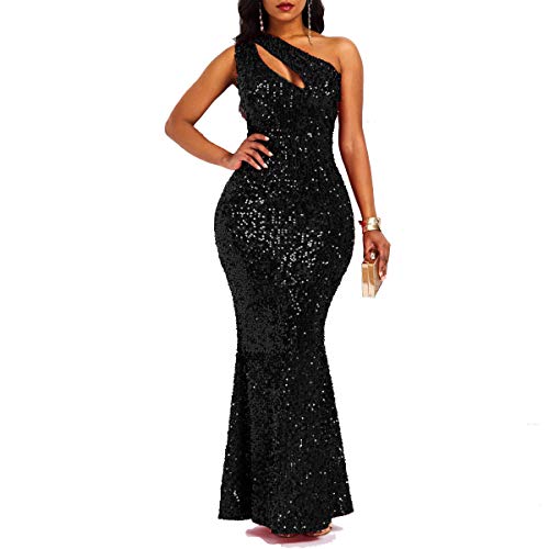 VERWIN Sequins Fashion Sleeveless Oblique Collar Mermaid Women's Maxi Dress Bodycon Dress Party Dress XL Black