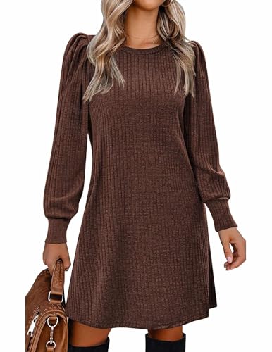 Zeagoo Fall Work Dress for Women 2026 Casual Winter Dresses Long Sleeve Crew Neck Knit Pullover Dress, Coffee L