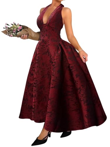 ChiaoLezhee Jacquard Maxi Dress, V Neck A Line, Wedding Guest Prom, Halter Corset Pastel Tea Party Vacation Semi Formal Garden Long Dresses for Women Drop Waist Deep Sexy Flowy, Red Burgundy, Medium