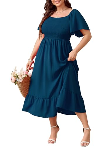 SCOMCHIC Women's Plus Size Summer Casual Short Sleeve Maxi Dress Lake Blue