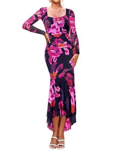 SEBOWEL Women's Floral Print Mesh Long Sleeve Bodycon Dress Ruched Mermaid Wedding Guest Dress Formal Cocktail Gown with Fish Tail Hem