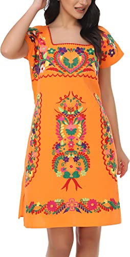 Womens Mexican Embroidered Dress Floral Short Sleeve Boho Mini Dress