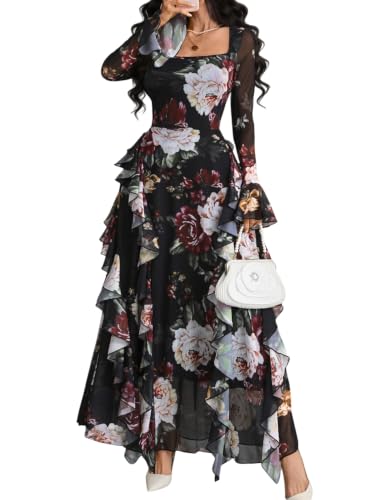 GothDark Floral Dresses Black Burgundy Floral Large Fits US Size 8 to 10 | Stretch Fabric, Square Neck, Long Sleeve Wedding Guest Dress, Maxi Dress for Women, Floral Dresses, Fall Boho Outfits