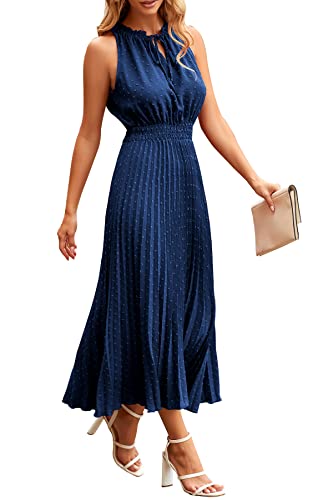 PRETTYGARDEN Women's Midi Summer Dresses Casual V Neck Swiss Dot Ruffle Sleeveless A Line Beach Sun Dress (Navy,Medium)