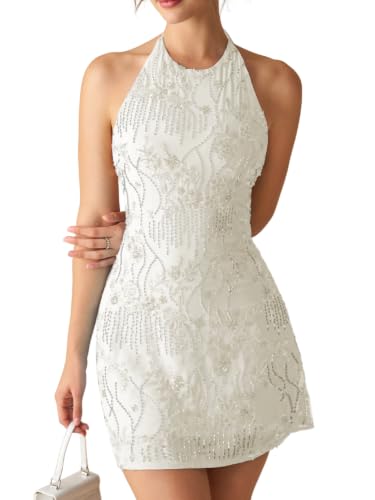 EHSUYAB Women 2000S Beaded Mini Dress Backless,Sparkly Sequin Rhinestone Floral Embellished Dresses,Homecoming Cocktail Party White Small