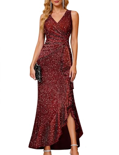 Sequin Evening Gown V Neck Ruched Formal Gala Party Long Dress Burgundy M | Sequin Evening Gown with V Neck and Ruched Waist, Bodycon Long Dress for Gala Black Tie and Formal Events