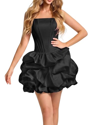 VOUIAO Women Corset Mini Dress Satin Bubble Short Cocktail Gown Black S