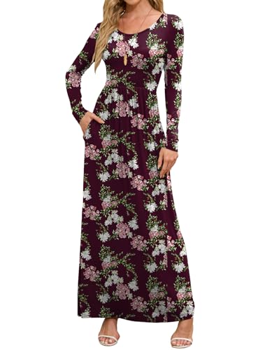 DEARCASE Women Long Sleeve Floral Maxi Dress,Flower Wine Red,Medium | Empire Waist,round neck,floor length, dual side pockets, A-line,fall winter long dresses for wedding guest,party,vacation
