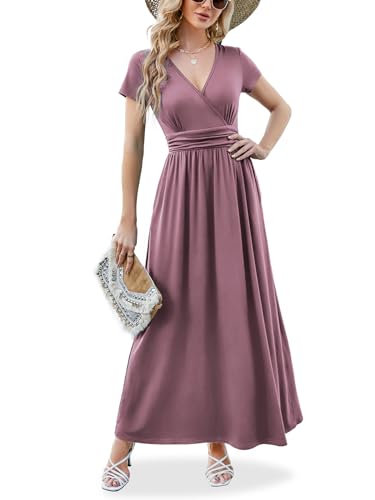 ANRILITA Women's Maxi Dress with Pockets 2026 Summer Trendy Wrap V Neck Short Sleeve Empire Waist Casual Tropical Flowy Long Hawaiian Midi Dresses Mauve
