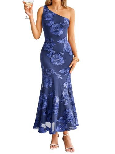 Simplee Womens Formal Wedding Guest Dresses Summer 2026 One Shoulder Mesh Lace Long Floral Bodycon Maxi Dress Evening Gowns Prom Bridal Shower Party Cocktail Dresses (Navy Blue M)