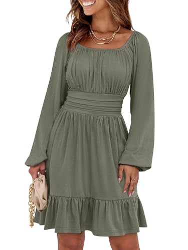ANRABESS Women Long Lantern Sleeve Square Neck Fall Short Dress Army Green | Elastic Waist Belly Hide,Ruffle Flowy A-Line Mini Dress,Backless,Spring Summer Fashion Trendy,Cute Travel & Party Daily Wear