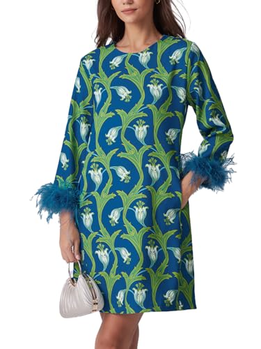 D-Sun Women Feather Dress 3/4 Sleeves Cocktail Dresses Dark Blue