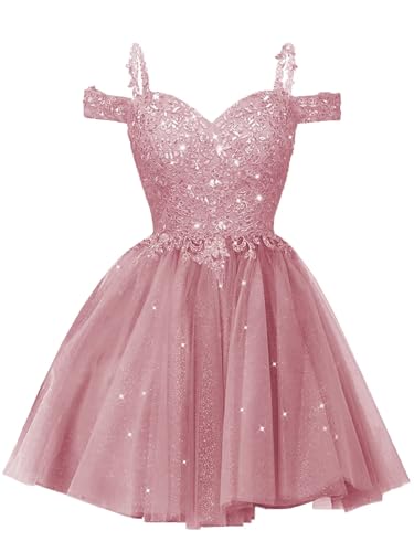 dxazd Short Glitter Tulle Homecoming Dresses for Teens Lace Beaded Cold Shoulder Prom Dress Puffy Sparkly Cocktail Gowns Dusty Pink 10