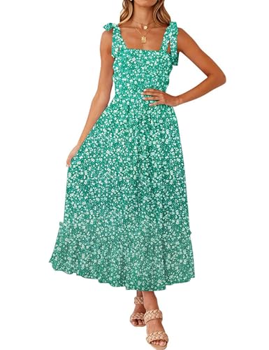 Tobrief Womens Flower Print Ruffle Smocked Holiday Dress,Off Shoulder Flowy A-Line Boho Spaghetti Strap Beach Dress Green Floral XL