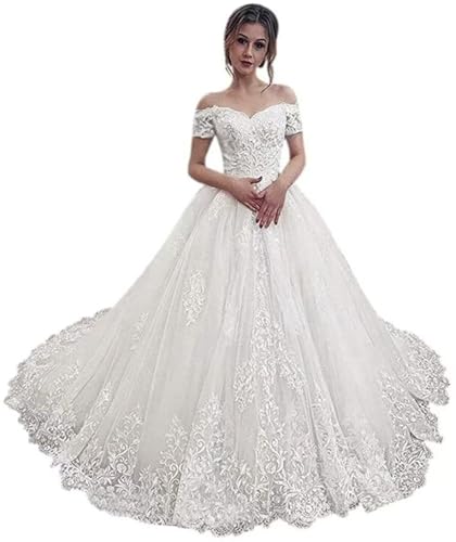 Princess Appliques lace Women Bridal Ball Gown with Train Wedding Dress for Bride Long Plus Size Ceremony White