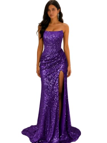 Sparkly Sequin Evening Dress Strapless Corset Prom Dress Mermaid Pleated Long Cocktail Gown with Slit Purple