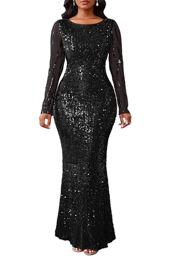 VERWIN Women's Sequins Bodycon Round Neck Long Sleeve Sparkly Mermaid Maxi Dress for Casual Party Cocktail XL Black