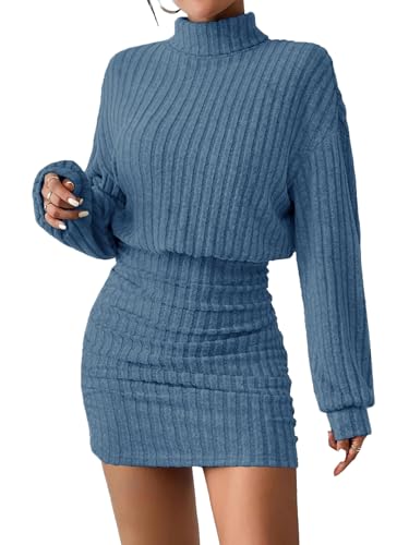 AUXDIO Women's Ribbed Knit Mock Neck Bodycon Mini Sweater Dress Navy Blue