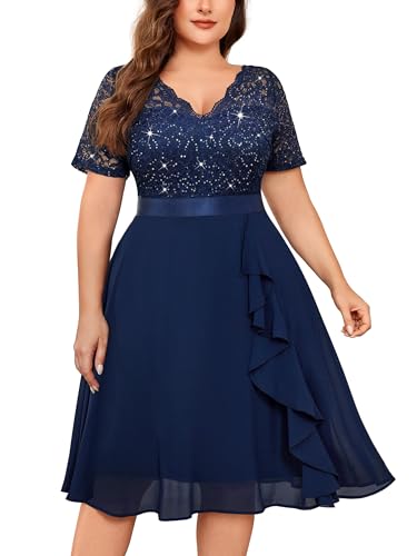MISSMAY Plus Size Sequin Lace Ruffle Cocktail Party Dress A-Navy Blue | Cocktail Dress For Women,Plus Elegant Dress,Fancy Dress,Vintage V-neck,A Line,Wedding Guest Sparkle Chffion Midi Dress