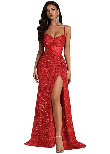 Lekessid Sequin Long Prom Dress with Split 2026 Spaghetti Strap Gowns US6