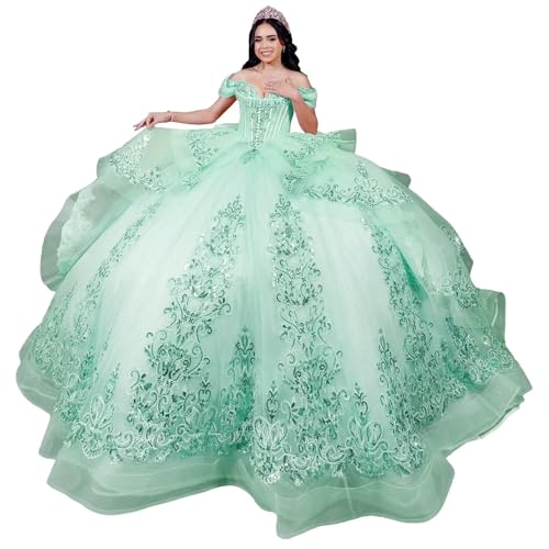 Mauuwy Glitter Ruffles Quinceañera Dress with Tassels Mint Size 8 | Pagenat Birthday 15 Dress, with Bow, for Party and A coming-of-age celebration,Beaded Ball Gown
