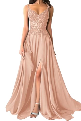Lqdyrt Women’s Lace Applique Chiffon Prom Dresses with Slit Long Ball Gown Spaghetti Straps V-Neck A-Line Peach Formal Gown US16