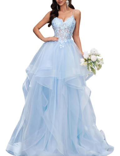 VOUIAO Tulle Prom Dress Long Ball Gown Tiered Formal Evening Gown Blue S