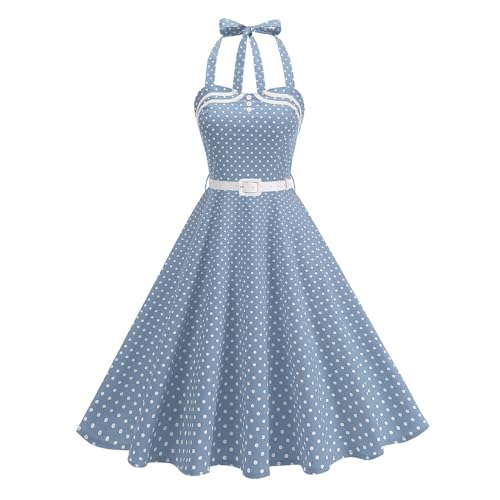 Vintage Pin up Rockabilly Dress for Women 50s Pinup Outfits Halter Neck 1950s Polka Dot Dress Retro Smocked Backless 1960s Audrey Hepburn Tea Party Prom Cocktail Swing Dresses with Belt Light Blue L