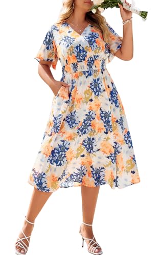 Hanna Nikole Women's Plus Size Short Sleeve Casual Long Dresses Lightweight Floral Party Dress with Pockets Colorful Flower 1X