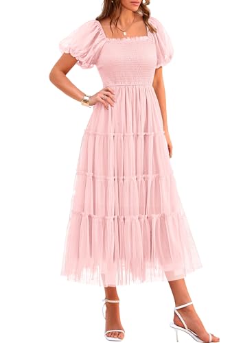 PRETTYGARDEN Women's Summer Smocked Midi Tulle Dress, Light Pink,XXL