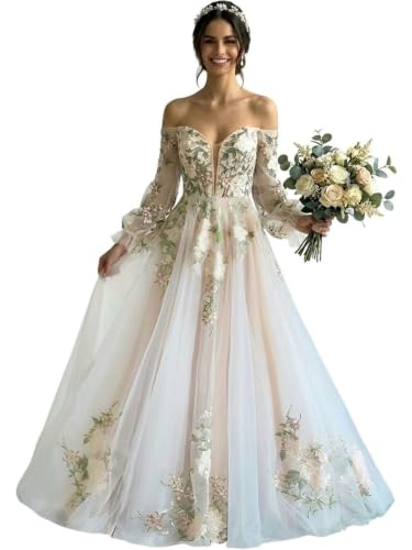 Flybridal Romantic Floral Off the Shoulder Garden Wedding Dress Nude US22