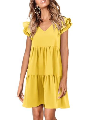 Zwurew Yellow Dress V Neck Casual Summer Dresses for Women 2025 Short Sleeve Ruffle Beach Babydoll Dress