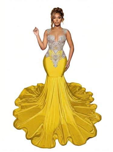 NGBUY Luxury Crystal Applique Mermaid Evening Dress Formal Gala Party Dress Prom Gown US8 Yellow