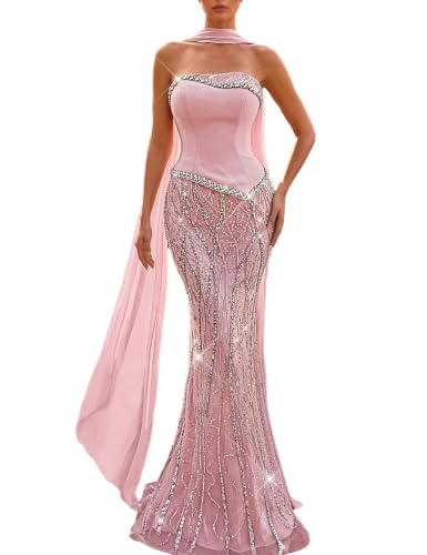 VOUIAO Women Rhinestone Prom Dress Beaded Formal Evening Gown blush M | with scarf,irregular boning,off shoulder,party cocktail,fashionshow,bridal style,lace up back,gala red carpet,bodycon gowns