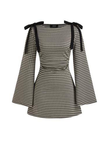 CIDER Women's Gingham Mini Dress Boat Neck Ruched Long Sleeve Coffee | Mid Rise Bowknot Detail, Regular Fit For School And Casual Outings