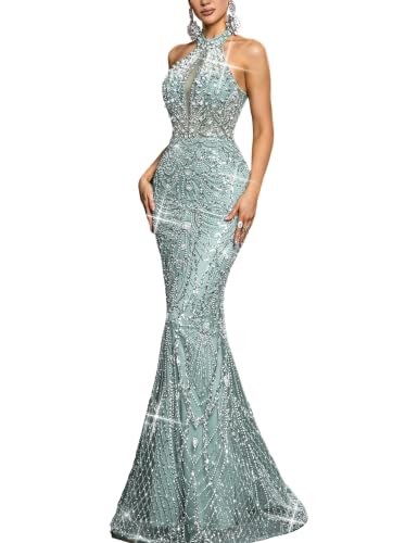VOUIAO Women Beaded Prom Dresses Sequin Formal Evening Gown Mint Blue S