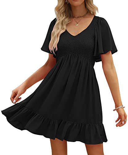 LILLUSORY Women's Flowy Casual Mini Dresses 2026 Summer Graduation Smocked V Neck Vacation Dress Dress with Pockets Black M