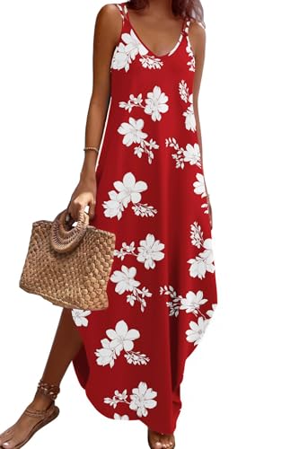 Zeagoo Beach Dress Vacation Dress Tropical Long Spaghetti Maxi Dresses for Women Red White Floral L