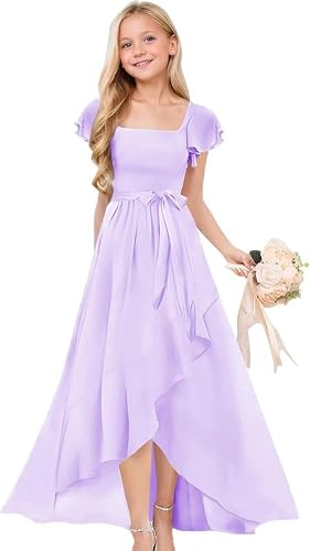 Junior Lavender Bridesmaid Dresses Short Sleeves Formal Dress for Girls Ruffle Chiffon Flower Girl Dresses TJ26 3