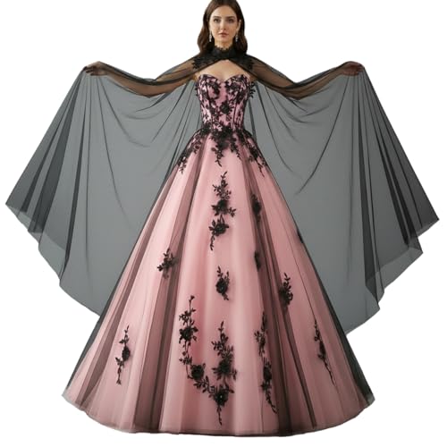 Lemai Vintage Gothic Wedding Dress with Cape for Bride Black Lace 3D Flowers Puffy Ball Gown Prom Quinceanera Dress for Girl Blush Pink Plus Size 16W