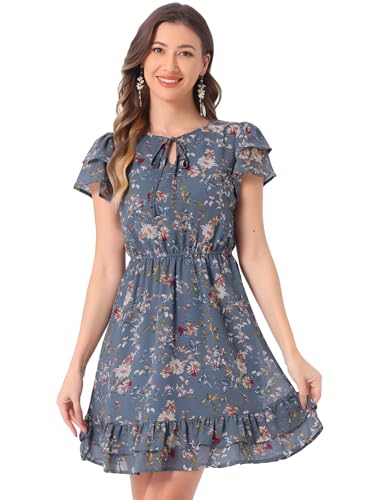 Allegra K Women Ruffle Sleeve A Line Flowy Floral Mini Chiffon Dress