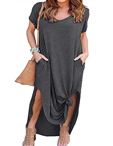 HBEYYTO Women's Plus Size Maxi Dresses V Neck Casual Short Sleeve Loose Pocket Slits Long Dress XL-5XL (Gray, XXX-Large)