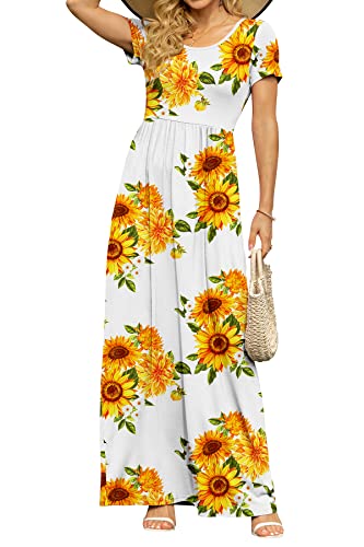 DB MOON Women's Summer Maxi Dresses Empire Waist White Sunflower L