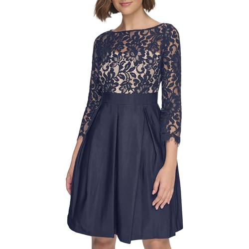 Eliza J Women's 3/4 Sleeve Lace Boat Neck Fit and Flare Dress,Navy,14