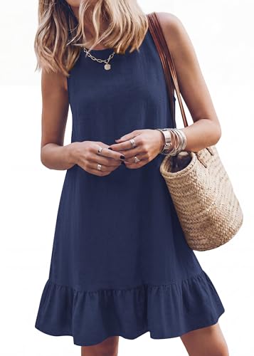 KIRUNDO Women's Casual Summer Dresses with Ruffle Hem(Navy, L)