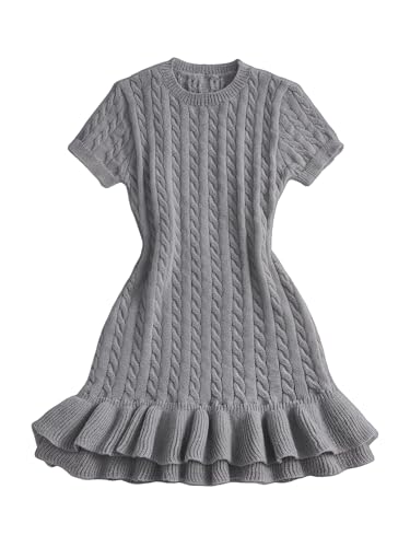 WDIRARA Women's Cable Knit Sweater Dress Short Sleeve Layered Ruffle Dresses Fall Clothes Grey Small